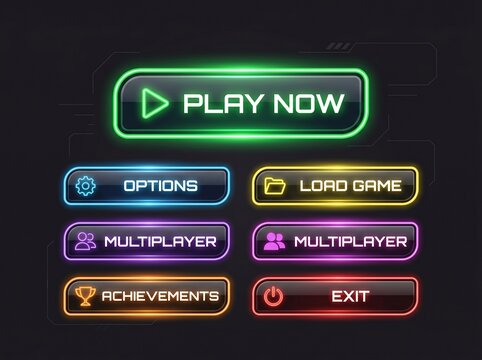Futuristic Neon Gaming Buttons Set, Cyberpunk UI Elements for Game Design