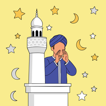 Muslim Man Calling Adhan. Mosque Minaret Illustration. Flat Vector Art. Islamic Religious Design.