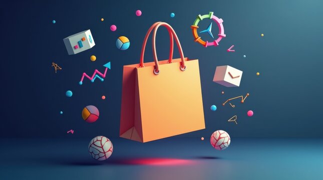 Bolsa de la compra rodeada de iconos y gr&aacute;ficos flotantes de marketing digital