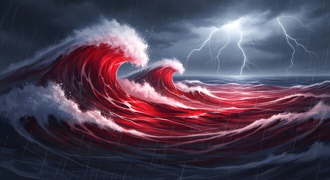 Fiery Red Ocean Waves During Thunderstorm 4k pc wallpaper