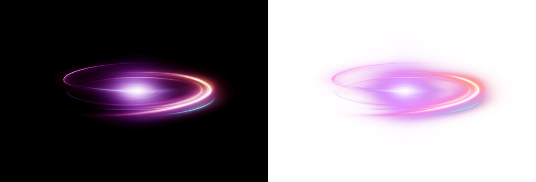 Futuristic purple halo ring with glowing swirl and light motion and radiant neon waves. Abstract illustration featuring dynamic trails PNG background and black.
