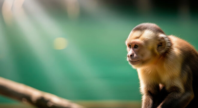 Capuchin monkey in mangrove habitat close up portrait in tropical forest environment. Suitable for wildlife, rainforest and biodiversity themes.