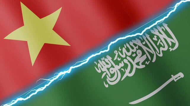 Two waving flags Vietnam and Saudi Arabia with diagonal lightning seamless, 4k loop