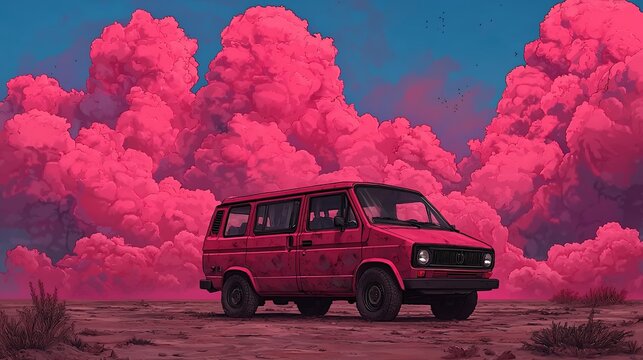 Vintage Red Van in Pink Desert Landscape Under Pixelated Clouds