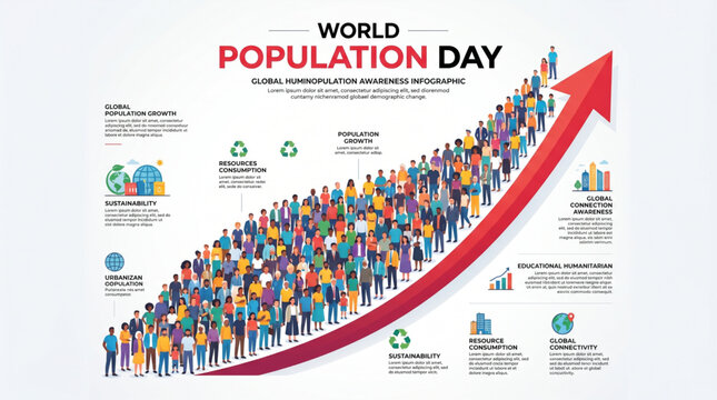 World Population Day global population growth awareness concept with diverse humanity statistics infographic banner