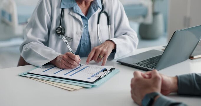 Hands, doctor and clipboard with patient for healthcare checkup, symptoms and results in office. Medical worker, person and consulting with evaluation checklist, health insurance and treatment report