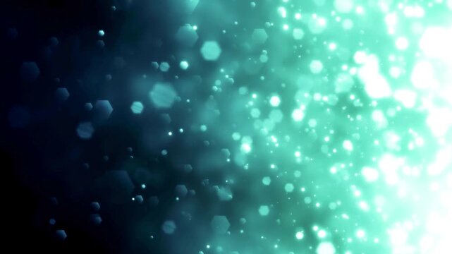 Abstract background animation loop with bright teal and white hexagonal particles floating and shimmering with soft light rays, creating a magical and dreamy effect.