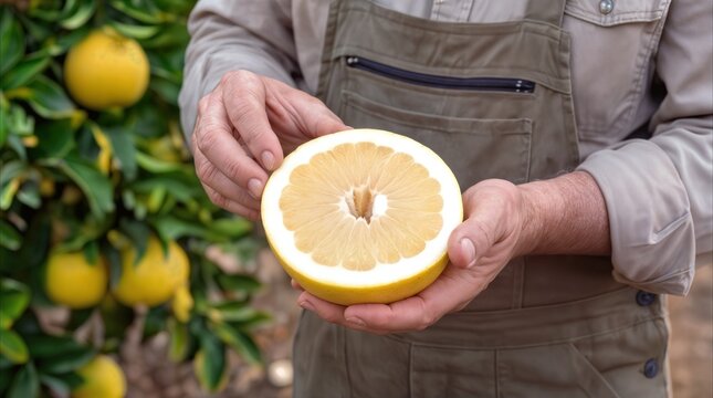 Halved citrus fruit displayed by a farmer in an orchard. Close-up of pomelo harvest and agricultural quality inspection.