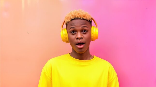 Teenager with surprised expression wearing yellow headphones and t-shirt against pink background. Eye level view of shocked young adult reacting to audio content.