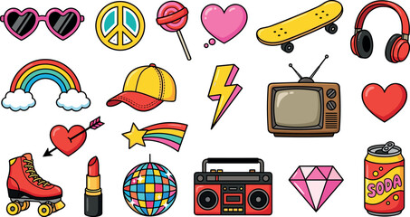 Retro pop culture doodle elements featuring skateboard boombox rainbow headphones television and colorful nostalgic fashion accessories © Danial