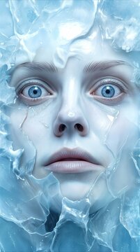 Shocked face trapped behind a layer of cracked ice. Close-up view of wide blue eyes and pale skin in a cold, winter-themed conceptual portrait.