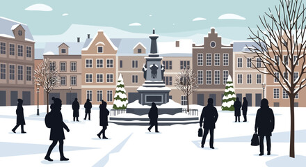 Winter Town Square with Pedestrians and Monument © adi