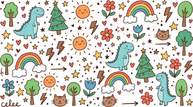 Cute dinosaur doodle pattern with rainbows flowers trees sunshine and whimsical cartoon nature elements for kids design