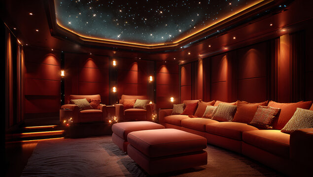 Luxurious home cinema featuring plush seating, warm ambient lighting, and a starry ceiling creating an intimate, sophisticated ambiance