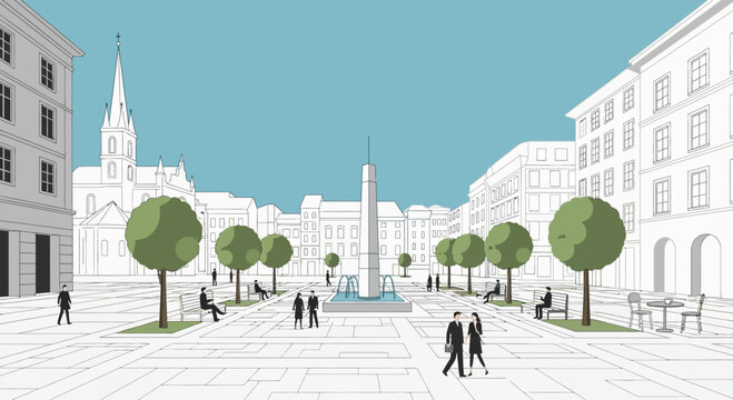 Modern Urban Square with Fountain, Trees and Pedestrians