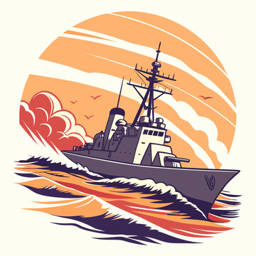 military destroyer ship sailing on rough seas stylized illustration