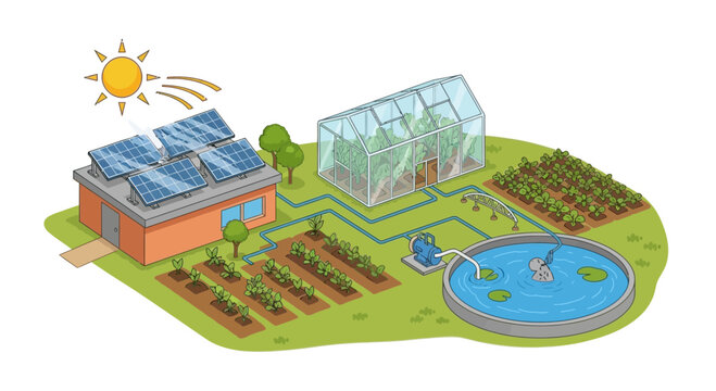 Sustainable farm with solar panels, greenhouse, irrigation, and pond