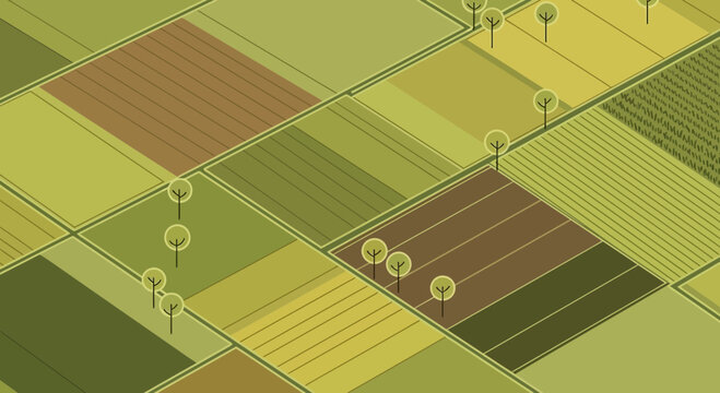 Abstract Geometric Farmland Aerial View, Isometric Fields, Green & Brown Palette