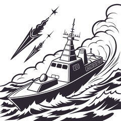 Stealth warship illustration crossing rough seas with missile launch © fff