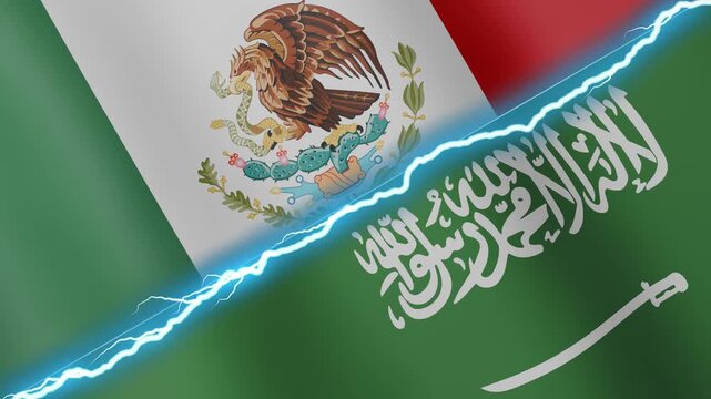 Two waving flags Mexico and Saudi Arabia with diagonal lightning seamless, 4k loop