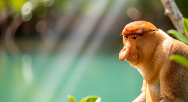 Proboscis monkey in mangrove forest tropical wildlife portrait and rainforest biodiversity scene. Suitable for conservation and nature themes.