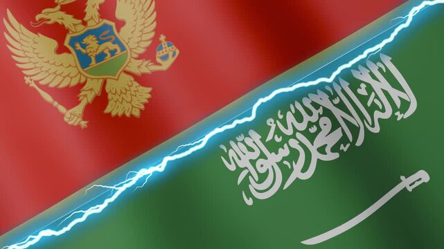 Two waving flags Montenegro and Saudi Arabia with diagonal lightning seamless, 4k loop