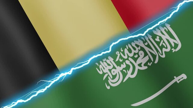 Two waving flags Belgium and Saudi Arabia with diagonal lightning seamless, 4k loop