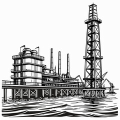 Obraz premium oil refinery and offshore platform black and white sketch