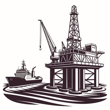 offshore oil rig and supply vessel vintage woodcut style illustration