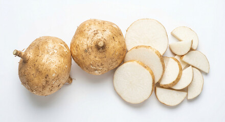 Fototapeta premium Whole and sliced jicama on white background
