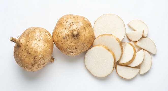 Whole and sliced jicama on white background