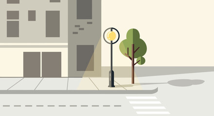 Flat design street scene with building, lamp post, tree, and crosswalk. © Aji