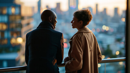 Fototapeta premium A silhouetted couple looks out at a calm panoramic city skyline from a bright soft hotel balcony balcony view faceless silhouettes blurred backdrop city skyline hotel