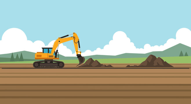 Yellow excavator digging earth on construction site with blue sky and clouds