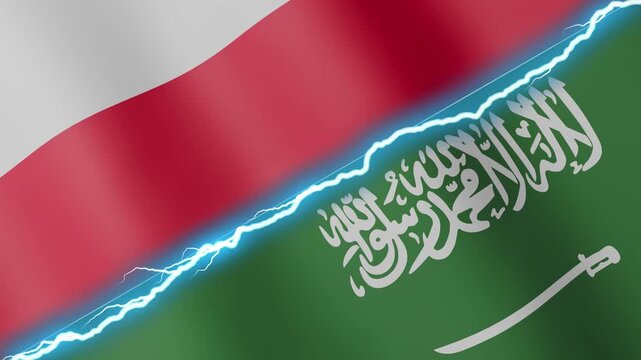 Two waving flags Poland and Saudi Arabia with diagonal lightning seamless, 4k loop