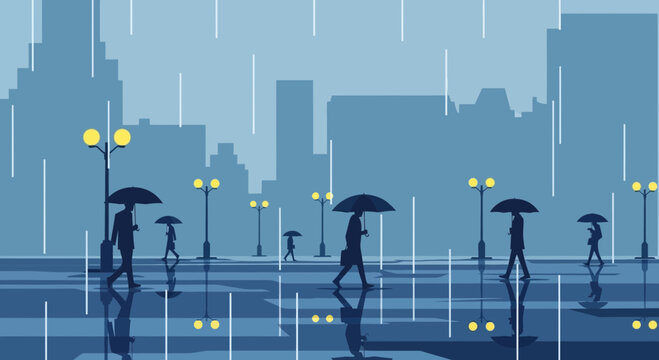 Cityscape Rainy Day People Walking Umbrellas Reflections Street Lights