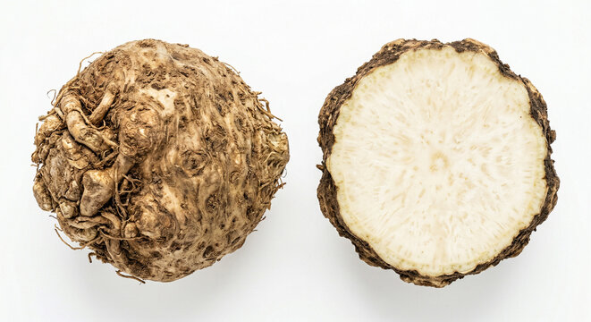 Whole and sliced celeriac root with textured surface
