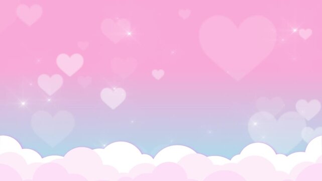 ゆめかわ　夢かわいい　ループ動画　抽象的　ファンタジー　キラキラ　パーティクル　おしゃれ　パステルカラー　配信画面　Fairy sky shiny stars and hearts, pastel color fluffy clouds animation.Glittering dreamy lights. for baby shower,Valentine,Wedding.Loop video.