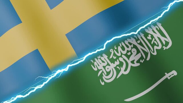 Two waving flags Sweden and Saudi Arabia with diagonal lightning seamless, 4k loop