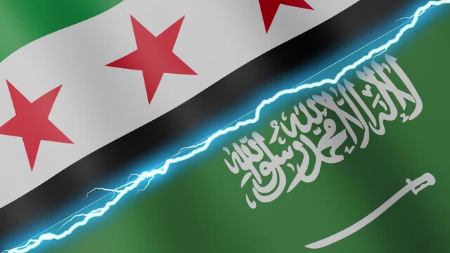 Two waving flags Syrian and Saudi Arabia with diagonal lightning seamless, 4k loop