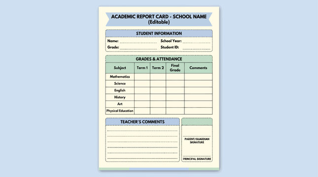 Editable academic school report card template for student examination grading