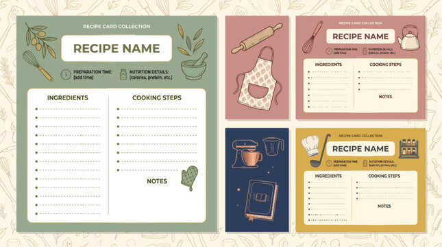 Aesthetic culinary recipe card template layout with kitchen utensil graphics