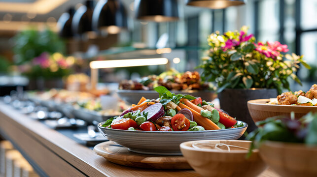 A bright hotel open buffet displays soft fresh vegetables and a calm salad bar in gentle daylight hotel buffet faceless still modern facility daylight workspace salad bar