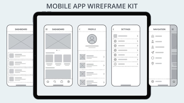 Mobile app wireframe kit template for smartphone user interface prototype and application layout design