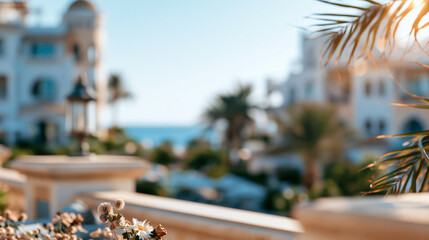 Naklejka premium A bright luxury hotel view opens up with soft coastal architecture under a calm clear sky hotel view faceless background clear sky blurred backdrop coastal architecture