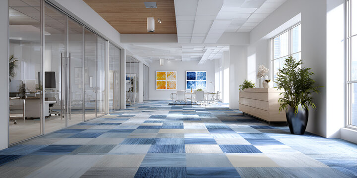 A modern office hallway featuring glass walls, patterned flooring, and a mix of natural light. Plants and art add to the sophisticated ambiance