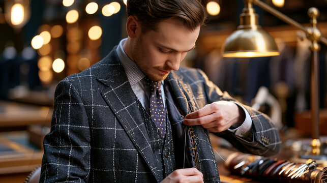 A craftsman hand-stitches silk lining into the interior of a completed charcoal suit jacket under a brass workshop lamp, each stitch even, tools lined on leather roll nearby, ideal for bespoke suit 
