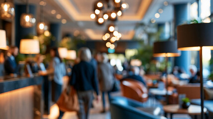 Fototapeta premium A luxury hotel lobby glows softly with calm blurred silhouettes at the bright reception and seating area hotel lobby faceless silhouettes blurred backdrop reception area soft