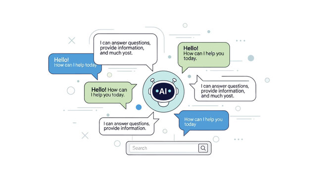 A futuristic AI chatbot interface with colorful speech bubbles and a search bar on a white background with blue accents.