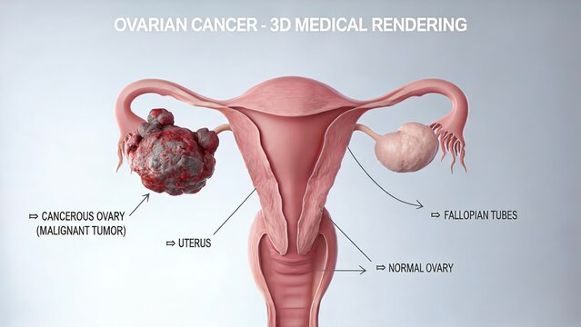 Ovarian Cancer 3D Medical Rendering, Labeled Diagram of the Female Reproductive System Comparing a Cancerous Ovary with Malignant Tumor and a Normal Ovary, Showing the Uterus and Fallopian Tubes, Educ